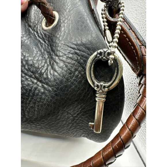 FOSSIL Vintage Black Pebbled Leather Bag Woven  Handles Shoulder Purse Key Charm - Picture 3 of 12